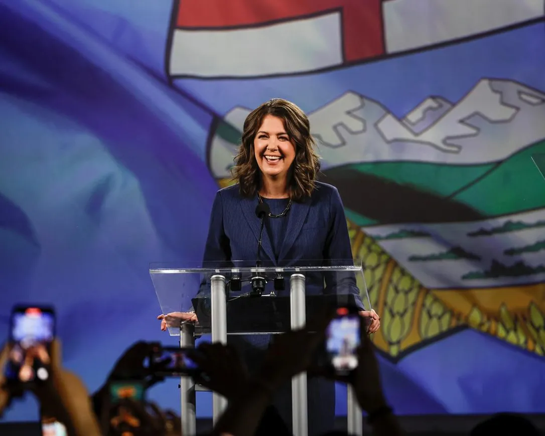 UCP Leader Danielle Smith makes her victory speech in Calgary, Alta., Monday May 29, 2023. Premier Danielle Smith says the government is bringing in arson investigators from outside the province to trace the cause of the unprecedented wildfires in Alberta.