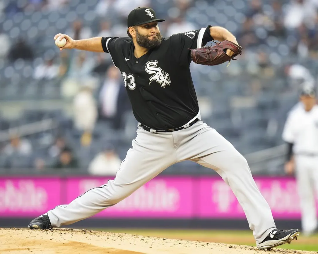 Chicago White Sox's Lance Lynn pitches during the first inning in the first baseball game of a doubleheader against the New York Yankees Thursday, June 8, 2023, in New York.