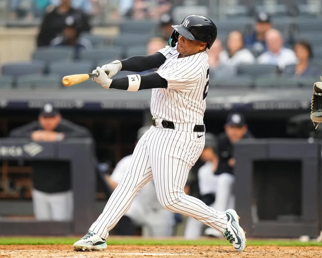 New York Yankees' Willie Calhoun hits a two-run home run during the fourth inning in the first baseball game of a doubleheader against the Chicago White Sox, Thursday, June 8, 2023, in New York.