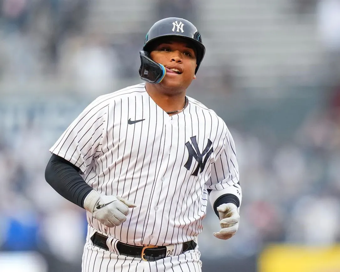 New York Yankees' Willie Calhoun runs the bases after hitting a two-run home run during the fourth inning in the first baseball game of a doubleheader against the Chicago White Sox, Thursday, June 8, 2023, in New York.