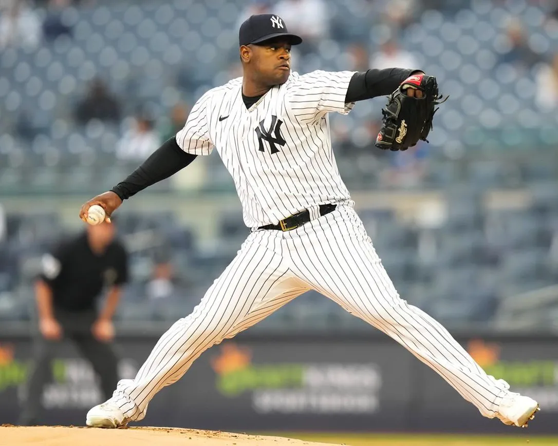 New York Yankees' Luis Severino pitches during the first inning in the first baseball game of a doubleheader against the Chicago White Sox Thursday, June 8, 2023, in New York.