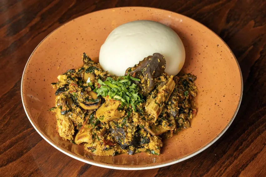 The vegan egusi at Afrobeat Kitchen uses meaty mushrooms and soy skins instead of beef, smoked crayfish and salted stockfish (dried cod).