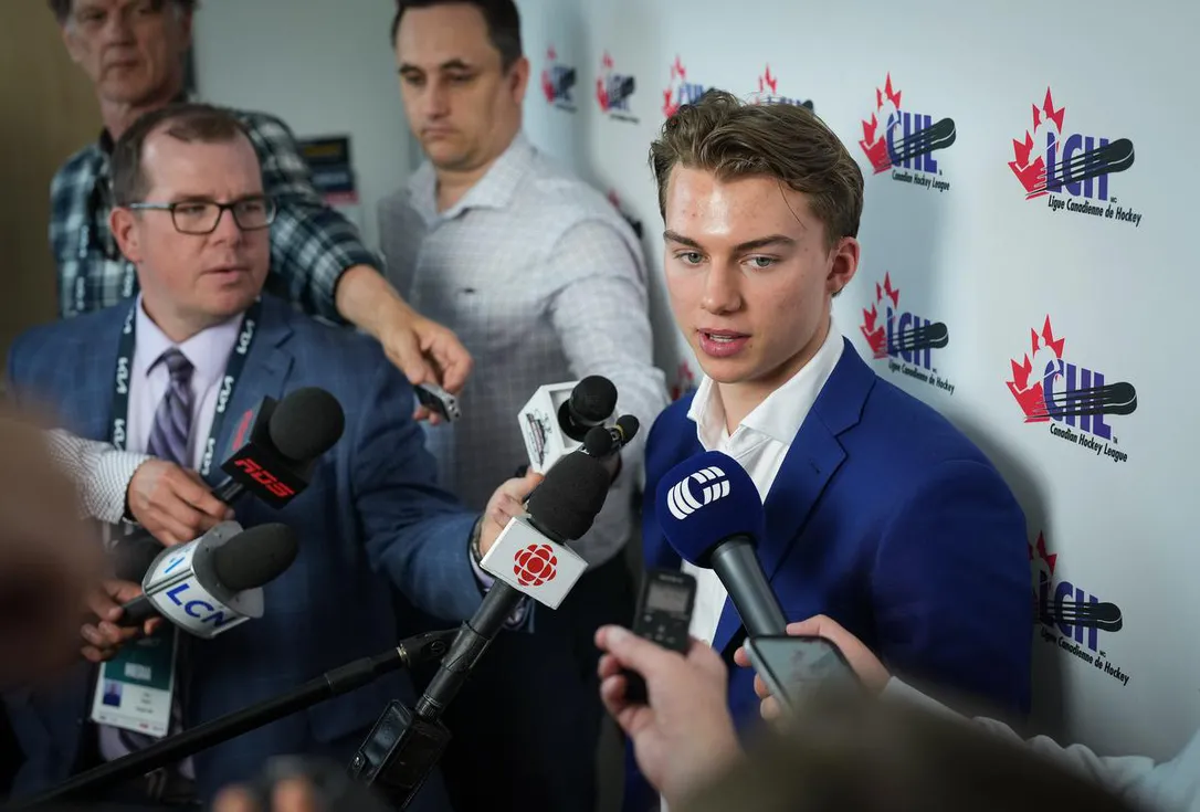 Regina Pats centre Connor Bedard responds to questions from reporters after the Canadian Hockey League awards ceremony, in Kamloops, B.C., on Saturday, June 3, 2023.