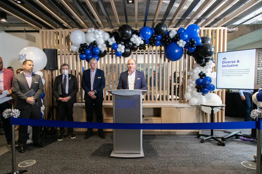 IBM Canada President Dave McCann addresses employees and stakeholders at the official opening of its new downtown Toronto office on April 25, 2022.
